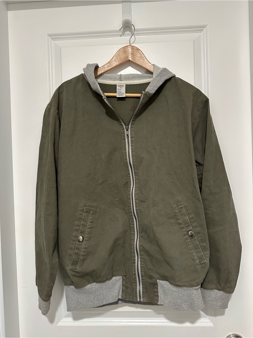 Balera Olive Utility Jacket with Gray Hood and Sleeve Cuff Accents Cotton